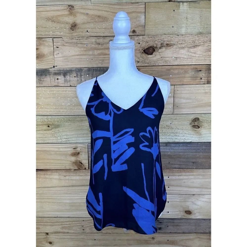 Ann Taylor Loft Size XSP Navy w/Blue Floral Pattern Spaghetti Strap V-Neck Lined